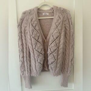In Loom | Chunky Pointelle Cardigan Sweater in oatmeal pom-pom detail size S/M